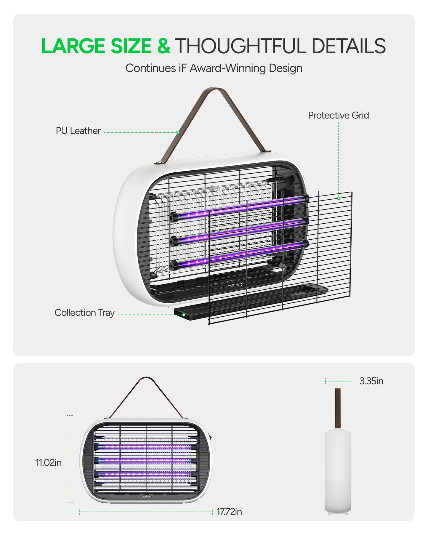 Buzbug Upgraded LED Bug Zapper Indoor, LED Bulbs Up to 50,000 Hours, 3 Lamps Sustainable Less Power, 3800V Powerful Electric Mosquito Zapper, Fly Trap Mosquito Trap, Fly Killer Fly Zapper