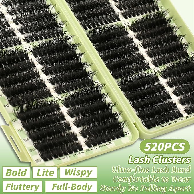 Lash Clusters Kit Natural Cat Eye D Curl Lash Clusters 520Pcs DIY Individual Lashes Clusters Lash Extension Kit Thin Band Wispy Eyelash Clusters Lash Bond and Seal Lash Tweezers