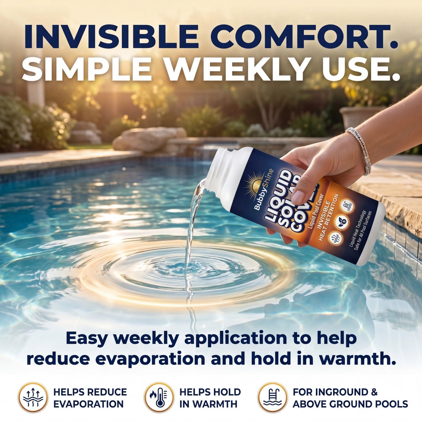 Liquid Solar Pool Cover for Inground & Above Ground Pools, 32 oz Weekly Liquid Solar Blanket for Pool, Helps Reduce Evaporation & Hold in Warmth, Invisible Pool Water Warmer, BubbyShine