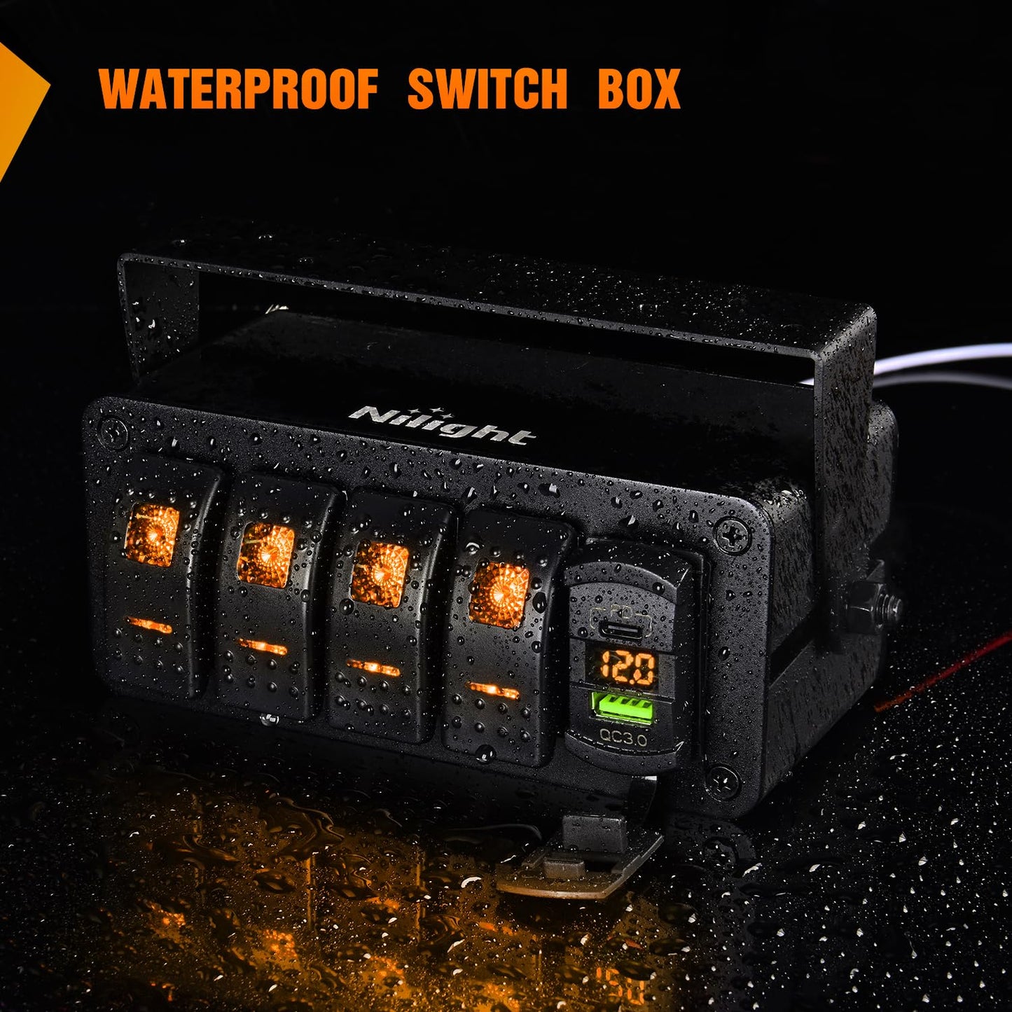 Nilight 4 Gang Rocker Switch Box 12V SPST ON Off Toggle Switches PD Type C and QC 3.0 USB Sockcet Voltmeter Orange LED Light Waterproof Aluminum Mount Bracket Panel DIY Stickers for Boat Car RV Truck