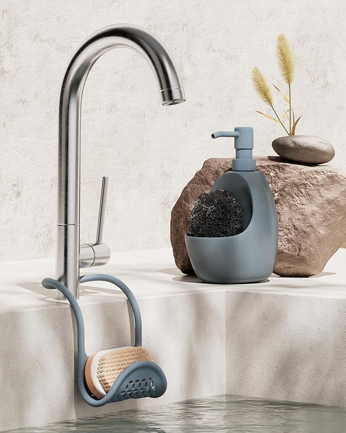 Umbra Sling Kitchen Sink Caddy Sponge Holder, Hangs Over Faucet or Divider, Single, Slate Blue