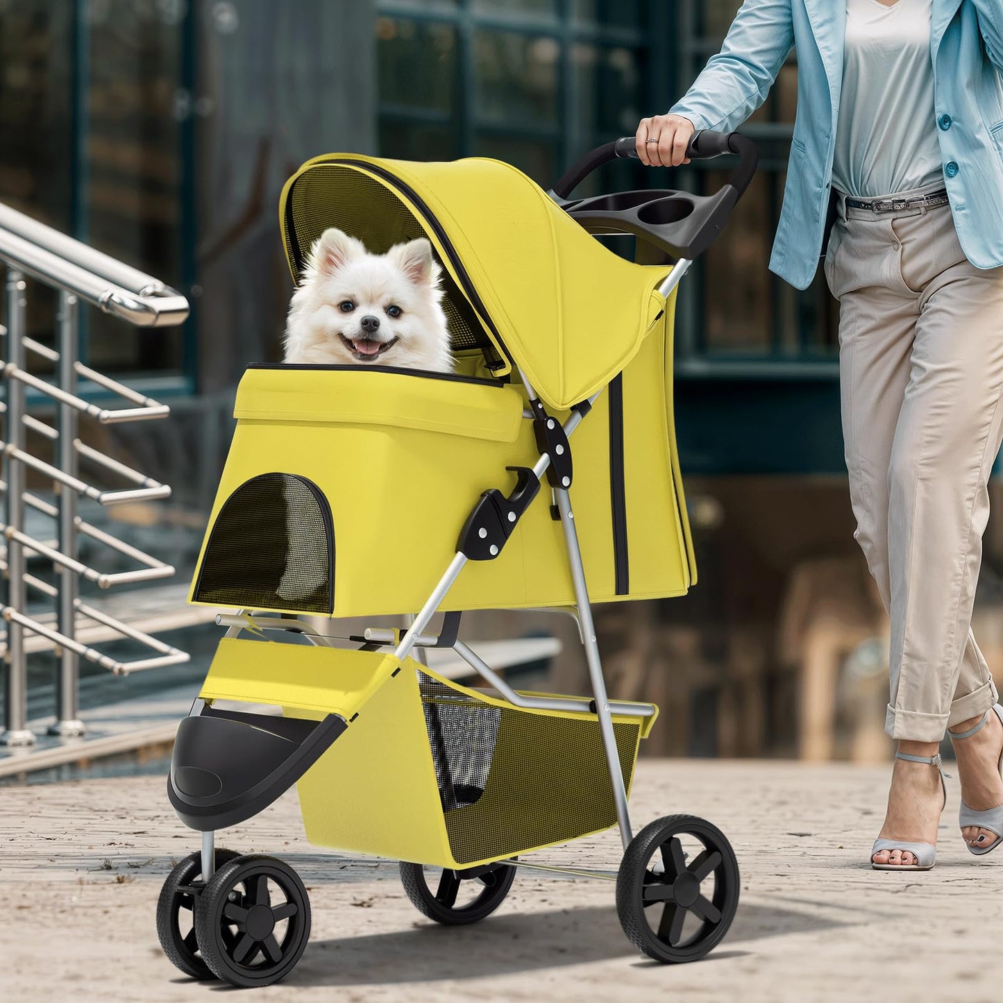 Magshion 3-Wheel Pet Stroller, Foldable Travel Jogger for Small & Medium Dogs & Cats (Up to 33lbs), Lightweight Carrier with Breathable Mesh Cover, Cup Holder & Storage Basket, Yellow