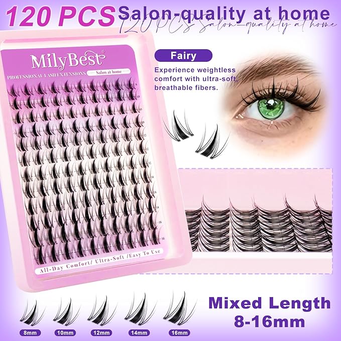 MilyBest Natural Lashes Clusters Lash Kit Fairy Eyelash Clusters with Bond&Seal 3 Styles Wispy 456Pcs Cluster Eyelash Extensions Kit Mixed C-Curl Individual Lash Clusters Thin Band DIY at Home Easily