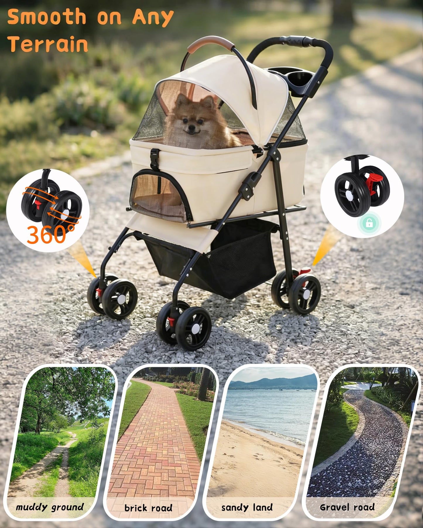 Pet Stroller with Removable Carrier, 35lbs Capacity - One-Click Foldable Dog Stroller, Cat Carrier & All-Terrain Wheels, Compact Travel Pet Stroller for Small to Medium Pets-Khaki