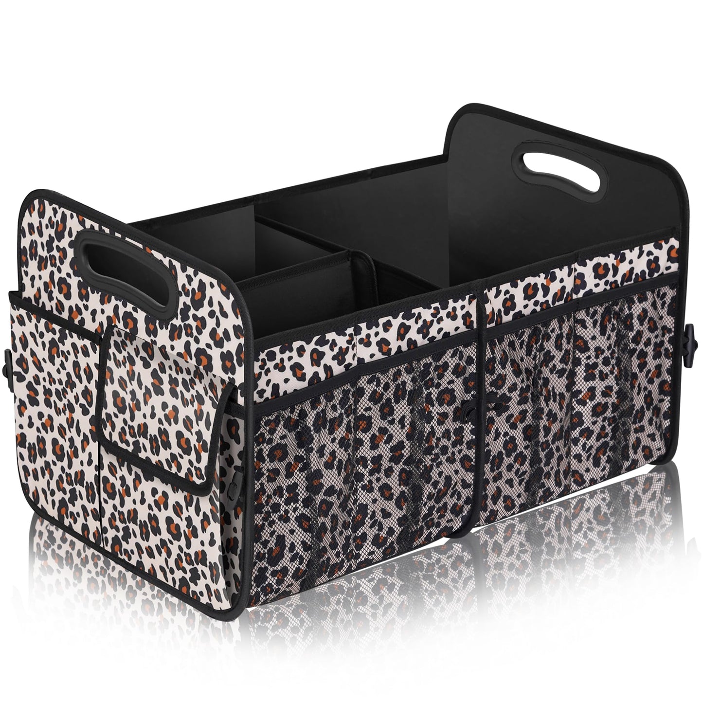 Femuar Car Trunk Organizer, Large Capacity Collapsible Trunk Storage with 11 Pockets, Waterproof, Non-Slip, Suitable for Car, SUV, Truck, Van, Jeep, Sedan, Leopard Print
