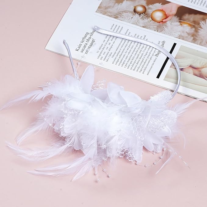 Womens Fascinators Hats Tea Party Hats for Women, Feather Pearl Veil Headband for Wedding Cocktail Dresses Accessories