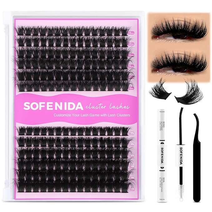 SOFENIDA Lash Clusters Kit Eyelash Clusters 100D+150D Thick Volume Cluster Eyelash Extensions D Curvature Cluster Lashes 10-18mm Wispy DIY Lash Extension Kit(100D+150D-10-18MIX Thick Kit)