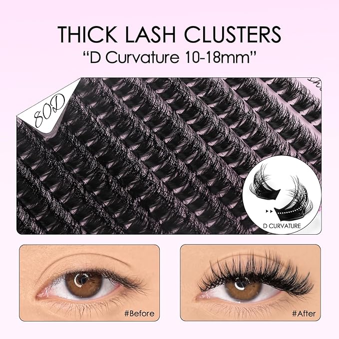 SOFENIDA Lash Clusters Kit 80D Lash Clusters Kit 10-18mm Volume Eyelash Clusters D Curly Cluster Eyelash Extensions 3D Wispy Lashes Cluster DIY Lash Extension Kit(80D-10-18MIX Thick Kit)