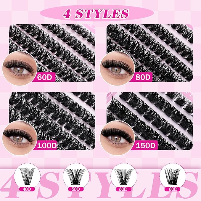 FADLASH Natural Lash Clusters 552PCS Eyelash Clusters 60D+80D+100D+150D D Curl Cluster Eyelash Extensions Soft and Fluffy for Beginners DIY at Home