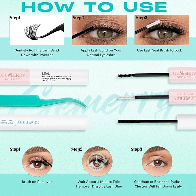 GEMERRY Lashes Clusters Kit Thick Lash Clusters 3 Styles 840Pcs Fluffy Lash Clusters Kit with Waterproof Bond and Seal Remover Tweezers for Beginners（30P+40P+50P）
