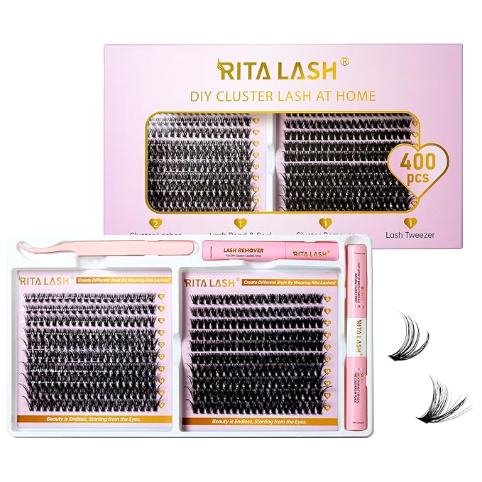 RITALASH Lash Extension Kit DIY Lash Clusters Kit 400pcs Cluster Lashes Individual Lashes Eyelash Extension Kit with Lash Bond and Seal,Lash Remover,Lash Tweezers(40D+60D Cluster Kit,8-16mm)