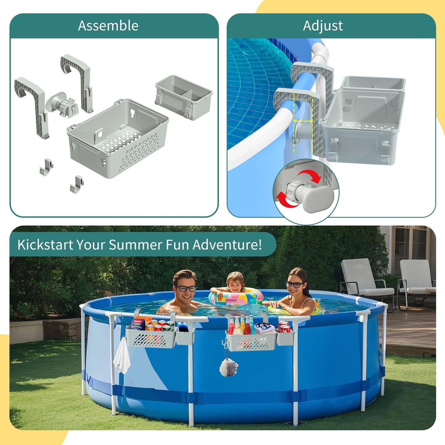 【2026 Upgrade】2-Pack Poolside Storage Basket with Cup Holder, Above Ground Pool Accessories, 3-in-1 Swimming Pool Hanging Storage Baskets to Organize Cups & Towels, Fits 3 Inch or Less Top Rail(Grey)