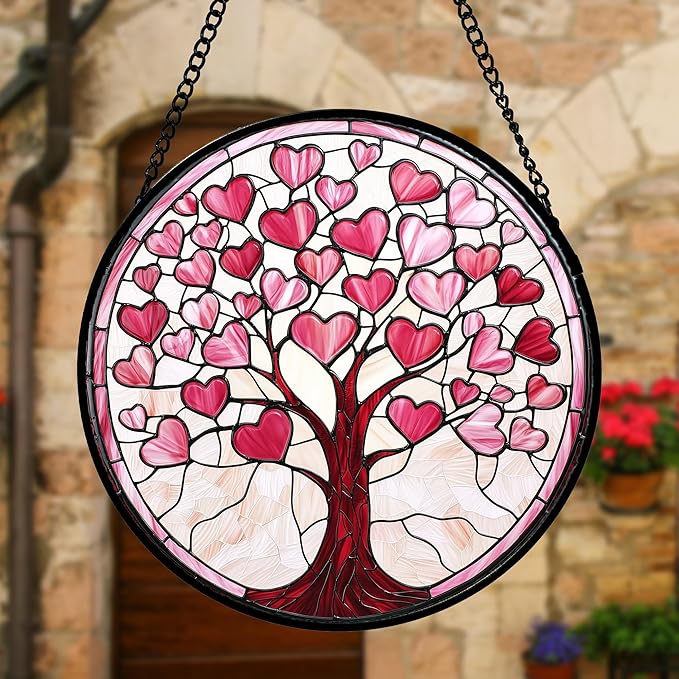 DASTOLL Stained Glass Window Hanging, Pink Love Heart Tree Suncatcher Hangings Beige Sun Catchers Decor for Birthday Holiday for Women, Men, Wife, Aunt, Mom 9.8IN