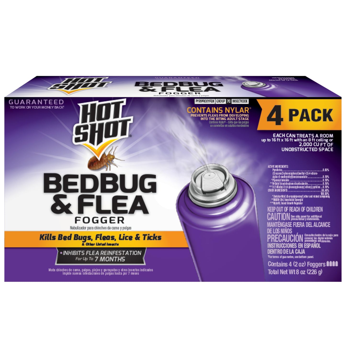 Hot Shot Bedbug and Flea Fogger 4 Count-2 Ounce Cans, with Nylar, Inhibits Flea Reinfestation