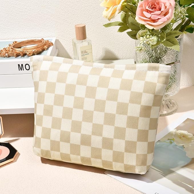 SOIDRAM 2 Pcs Checkered Makeup Bag Large Cosmetic Bag Toiletry Bag Makeup Pouch Travel Bag Organizer Cute Makeup Brushes Aesthetic Accessories Storage Bag for Women Brown Checkered