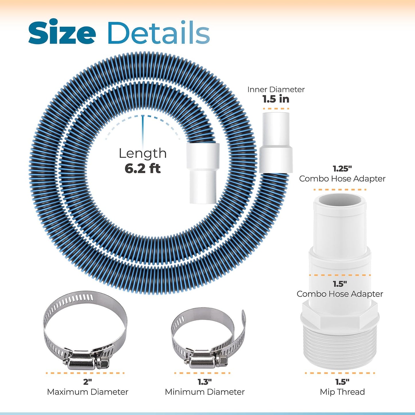 ANTOBLE 1 1/2" Swimming Pool Filter Hose Above Ground Pool Pump Hose Replacement Kit (6 Feet, 2 Hoses+4 Clamps+2 Adapters+2 Tapes)