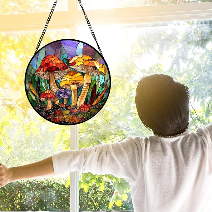 DASTOLL Stained Glass Window Hanging, Jungle Mushrooms Sun Catchers Diamond Glass Panel Hangings Plant Suncatcher Decor for Birthday for Women, Men, Wife, Aunt, and Mom 9.8 in