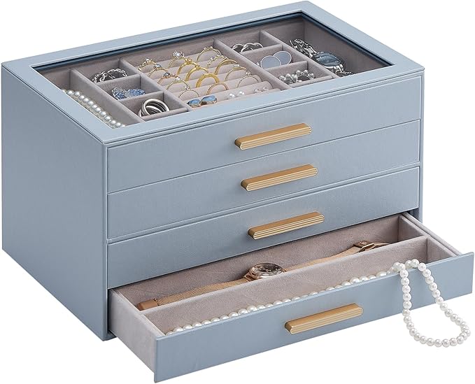 Lolalet Jewelry Box Organizer, 4-Layer Jewelry Organizers and Storage Case with Glass Lid, Ring Earring Bracelet Necklace Holder Organizer, Birthday Valentine Gifts for Women Girls -4Layer, HazeBlue