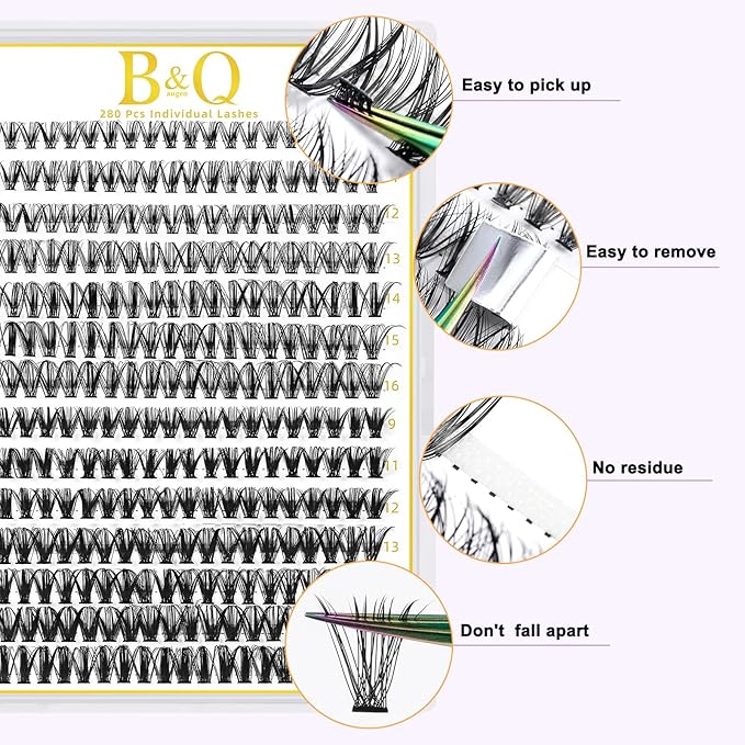 B&Q Lash Clusters 280PCS Natural Eyelash Clusters 30D 40D C 12-18MIX Individual Lash Wispy Eyelash Extension with Soft Thin Band Classic Look Pestañas Postizas Comfortable DIY at Home