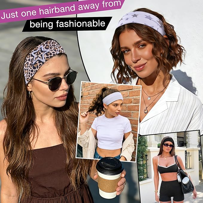 Ztomine 8 Pack Headbands for Women Non Slip - Stylish Sports Hair Bands for Women's Hair - Soft Cotton Cloth Stretchy Headbands for Women for Yoga, Outdoor Exercise Running