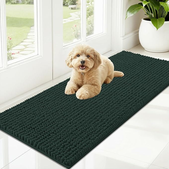 OLANLY Dog Door Mat for Muddy Paws 47x20, Ultra Absorbent Chenille Mud Doormat, Non-Slip Washable and Dirt Trapping Doormat for Indoor Entryway, Quick-Dry Indoor Pet Bed Mats for Dogs, Blackish Green