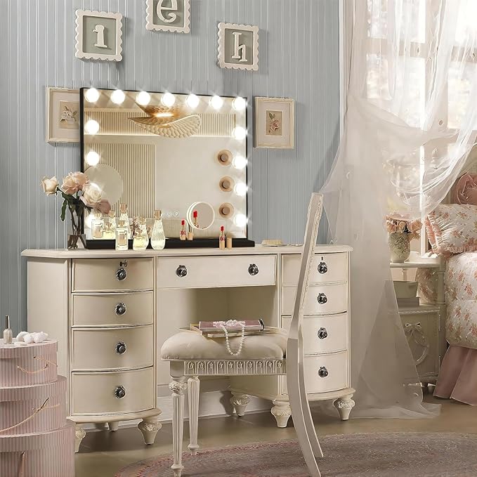 Black Hollywood Vanity Mirror with Lights, 15 Dimmable Bulbs, 3 Color Lights,Make Up Lighted Mirror, Aluminum Metal Frame, USB Charging Port（23" x 18"）