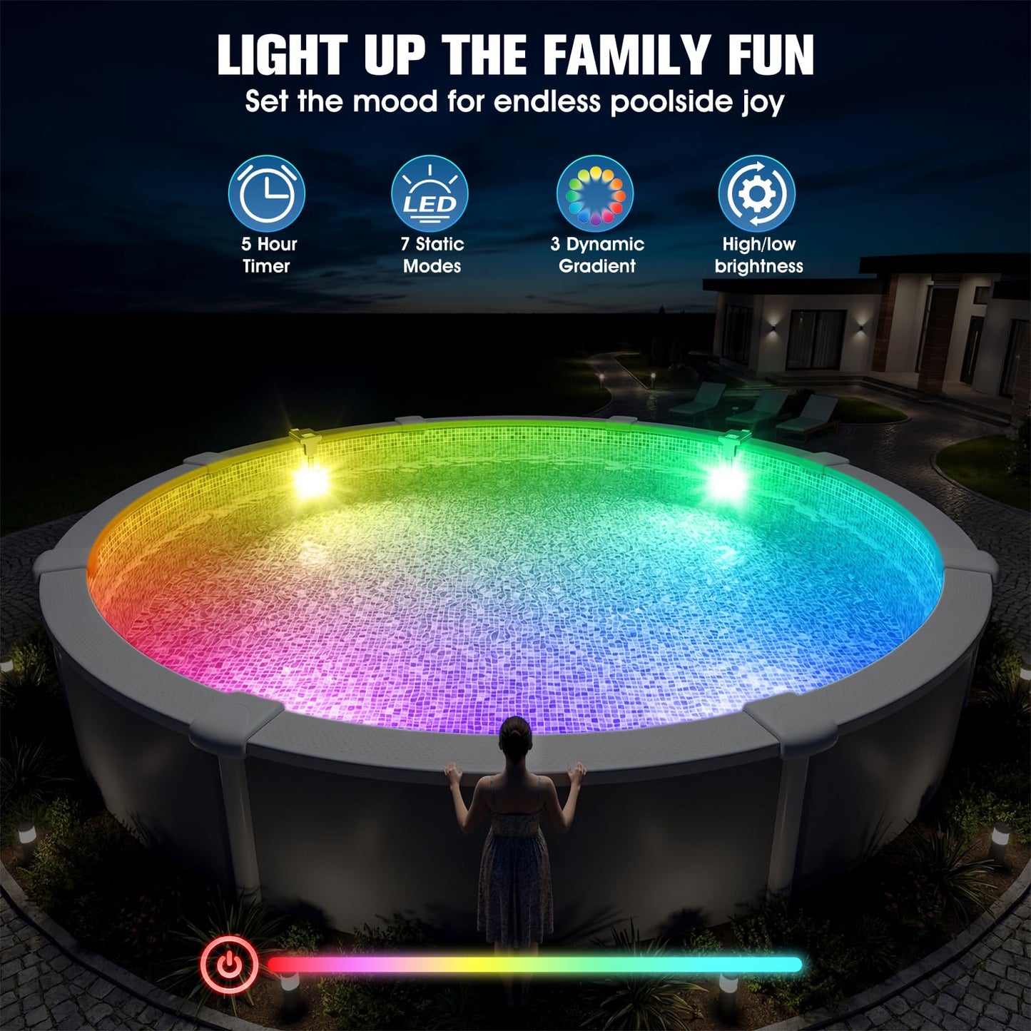 LightHacker Solar Pool Light for Steel Wall Above Ground Pool Light,Submersible Pool Light with LCD Pool Thermometer,Underwater light for Pool Accessories,10 Light Modes Swimming Pool LED Lighting,1PC