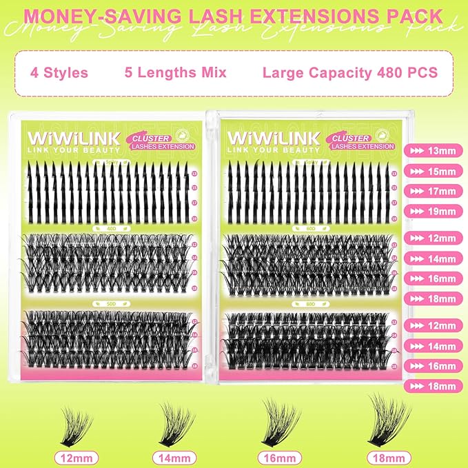 Lash Clusters Kit 40D+50D+60D+80D Individual Spikes Lashes 480 PCS 12-18mm Spiky Manga Eyelash Clusters D Curl DIY Eyelash Extension Kit with Cluster Lash Bond & Seal for Anime Eyelashes by WiWiLINK