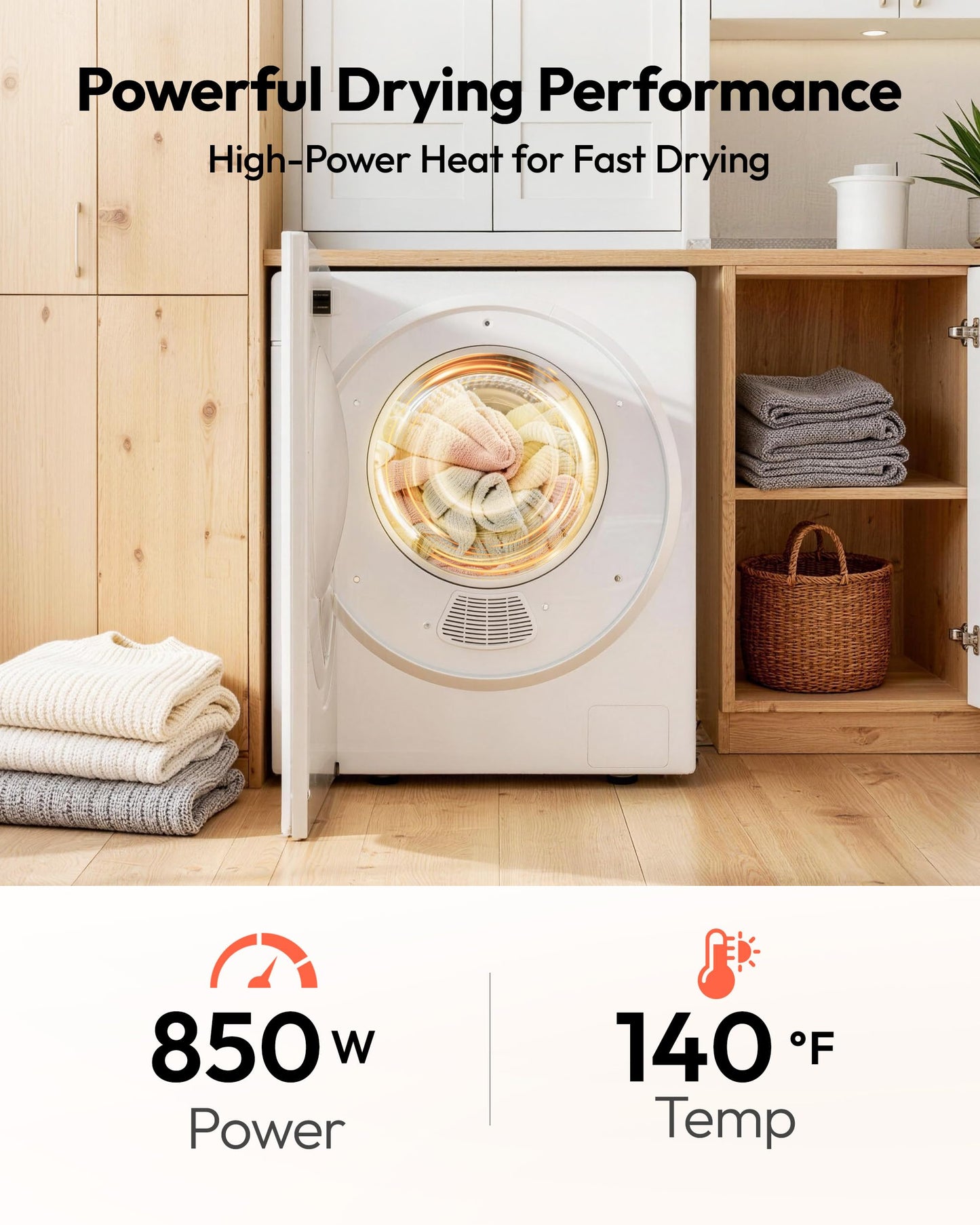 EUHOMY 1.5 Cu.ft. Portable Dryer with 4 Drying Programs, 5.5 lbs Clothes Capacity, Mirror Finish & LCD Touch Panel, 850W Portable Clothes Dryer for Apartment, Dorm & RV, White