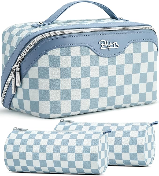 BOYATU Travel Makeup Bag Organizer Cosmetic Bag: 3 Pcs Set Make up Bags for Women with Handle - Waterproof Vegan Leather Toiletry Bag (01-G-Blue)