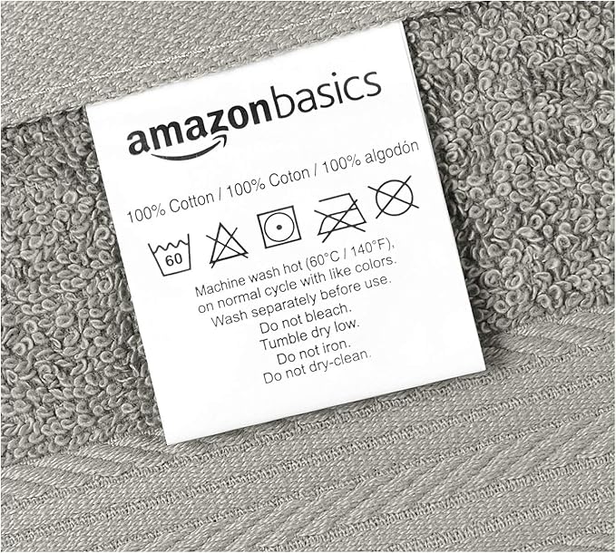 Amazon Basics Highly Absorbent Cotton Washcloths for Bathroom, Machine Washable, Fade-Resistant, 12 x 12 inches, Gray, 12-Pack