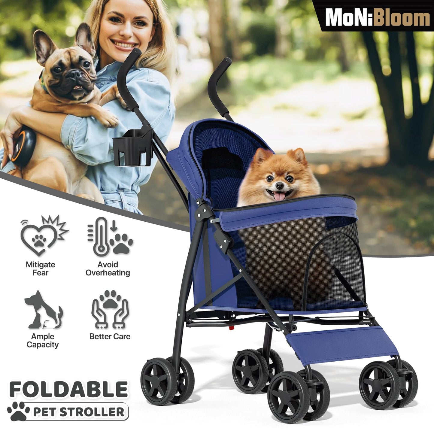 MoNiBloom 4 Wheels Pet Stroller, Easy-Fold Puppy Cage Jogger Stroller with Sun Cover, Pad and Rear Storage Bag, Breathable and Visible Mesh for Small/Medium Pets up to 22 lbs, Navy Blue