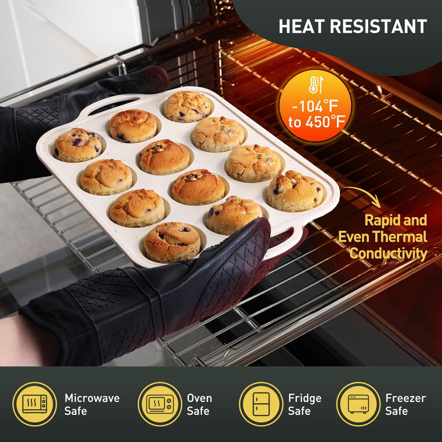 2 Packs 12 Cups Silicone Muffin Pan for Baking with Metal Reinforced Frame Regular Size Cupcake Pan Tray Chocolate Egg Pizza Bites Oven Top Cookie Molds Muffin Tin Tart Pans Sheet Set Bakeware Liner