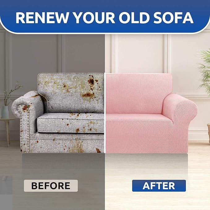 KEKUOU Stretch Loveseat Sofa Cover Slipcover,Couch Covers for 2 Cushion Couch Sofa (55"-78") Furniture Protector Sofa with Elastic Bottom for Kids,Dog. Jacquard Small Checked (Medium,Dusty Pink)