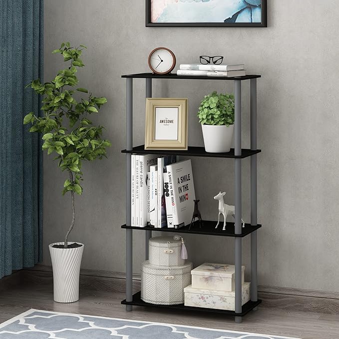 Furinno TURN-N-TUBE Storage Shelves, 4-Tier Toolless Book Shelf, Corner Shelf, Toolless Open Shelves, for Organization and Storage, Living Room, Garage, Home Office, Black