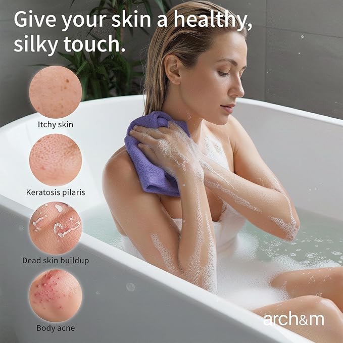 ARCH&M Exfoliating Washcloth Body Scrubber - 35-Inch Japanese & Korean-Style Back Scrubber Towel for Daily Use in Shower, Textured Poly Nylon Body Washcloth for Smoother-Looking Skin, Quick-Dry 3 Pack