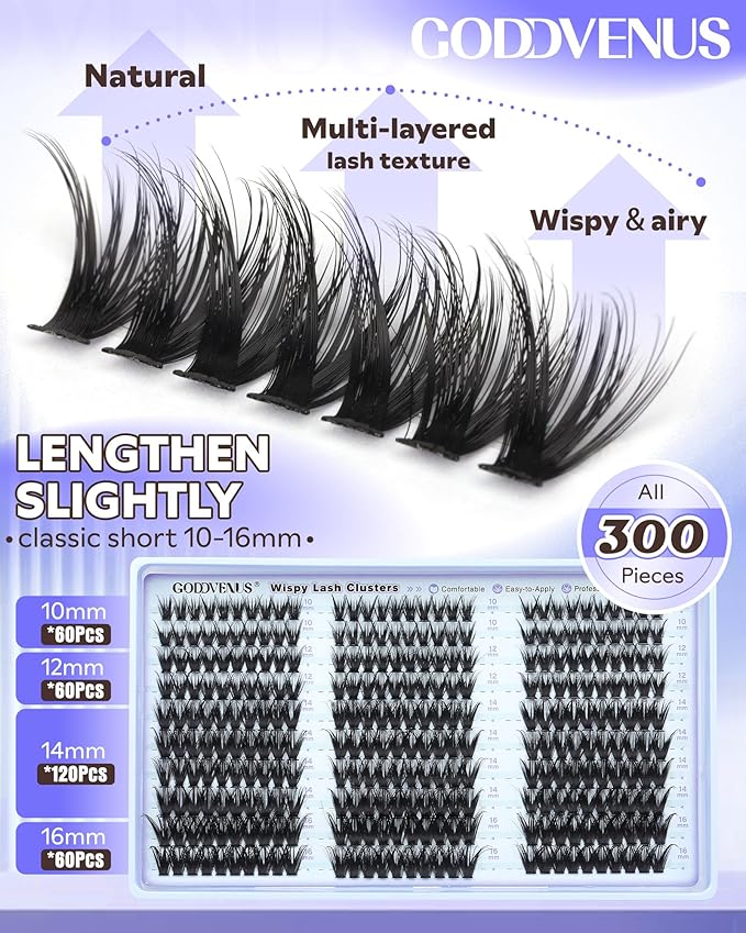 Goddvenus Wispy Lash Clusters Kit Natural Fairy Wet Eyelash Clusters Kit 300 Pcs Cluster Eyelash Extensions Kit for DIY Reusable Waterproof Individual Lash Extension (10-16mm CC Curl)