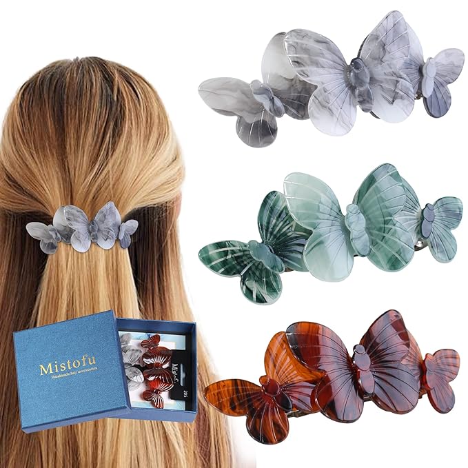 Hair Barrettes, 3pcs Large Hair Barrettes for Thick Hair, Elegant French Barrettes Retro Hair Accessories for Women Daily Wear, Light blue