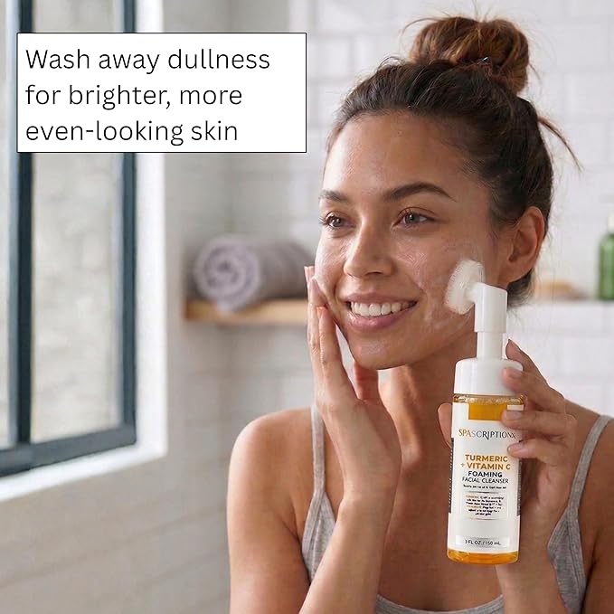 SpaScriptions 2 in 1 Cleanse & Exfoliate Foaming Facial Cleanser - Turmeric & Vitamin C Face Wash with Silicone Brush for Dullness & Uneven Skin Tone with Radiance Support for Daily Cleansing, 5 oz