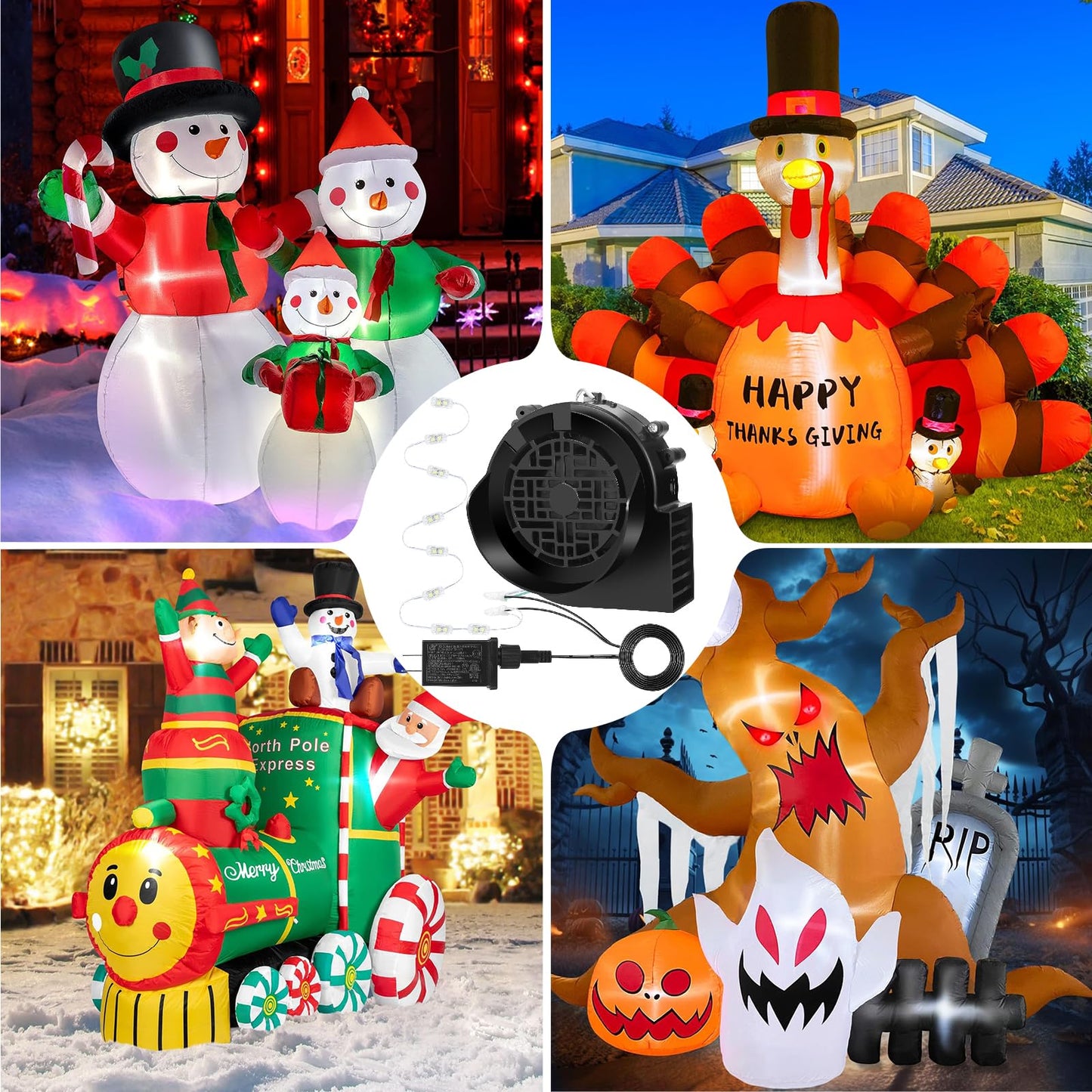 OHMANHE Replacement 1.5A Air Blower Fan for Inflatables, 8 Bright LEDs Motor with 2.0A Adapter Set, Strong Wind for 3-12FT Blow Up Yard Christmas Thanksgiving Outdoor Decor Inflatables