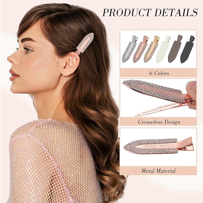 Obeoby 12-Pack No Bend No Crease Hair Clips, Rhinestone Hair Clip for Styling & Makeup, 2.76 Inch Metal Barrettes Hair Accessories for Women Girls - Secure Bangs, Manage Stray Hair, Wedding & Everyday