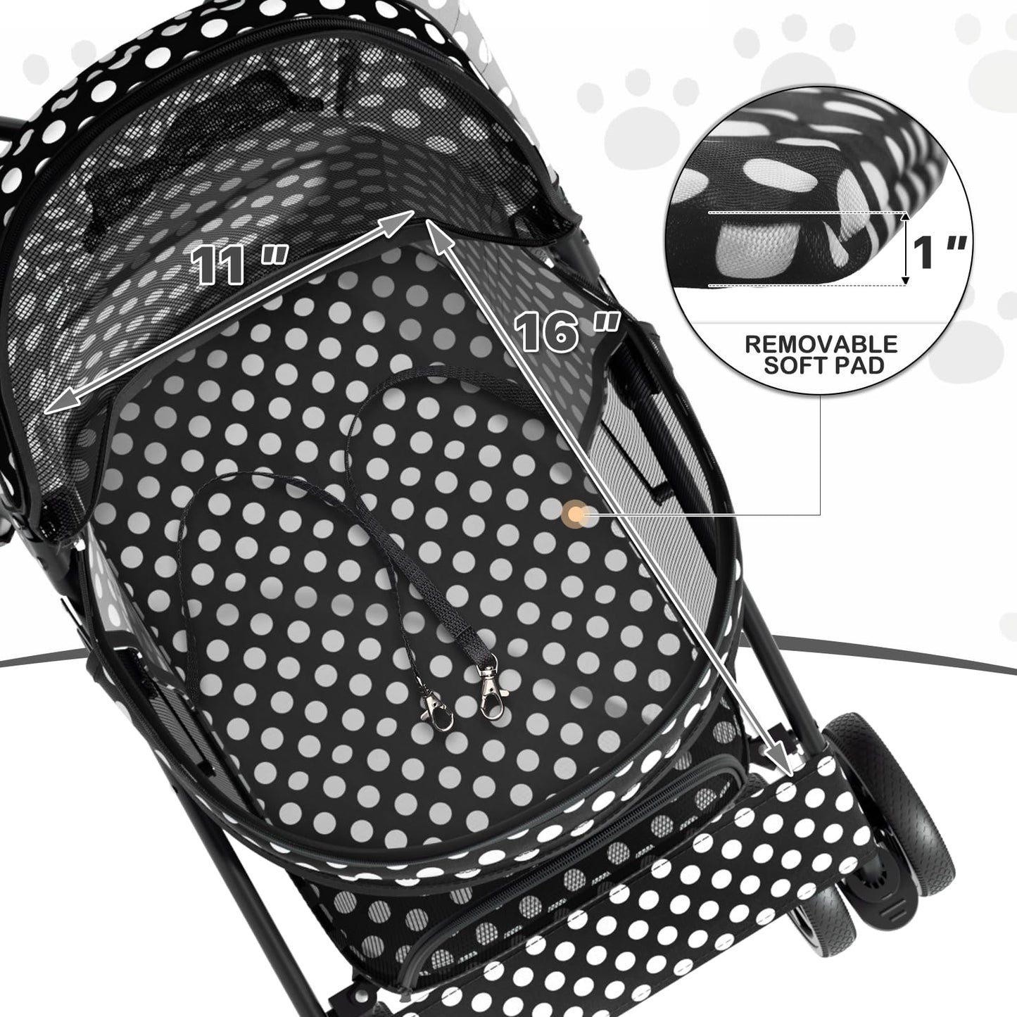 MoNiBloom 4 Wheels Pet Stroller, Easy-Fold Umbrella Shaped Dog Cat Jogger Stroller w/Storage Bag & Visible Mesh for Small/Medium Dogs Cats Black Polka Dots