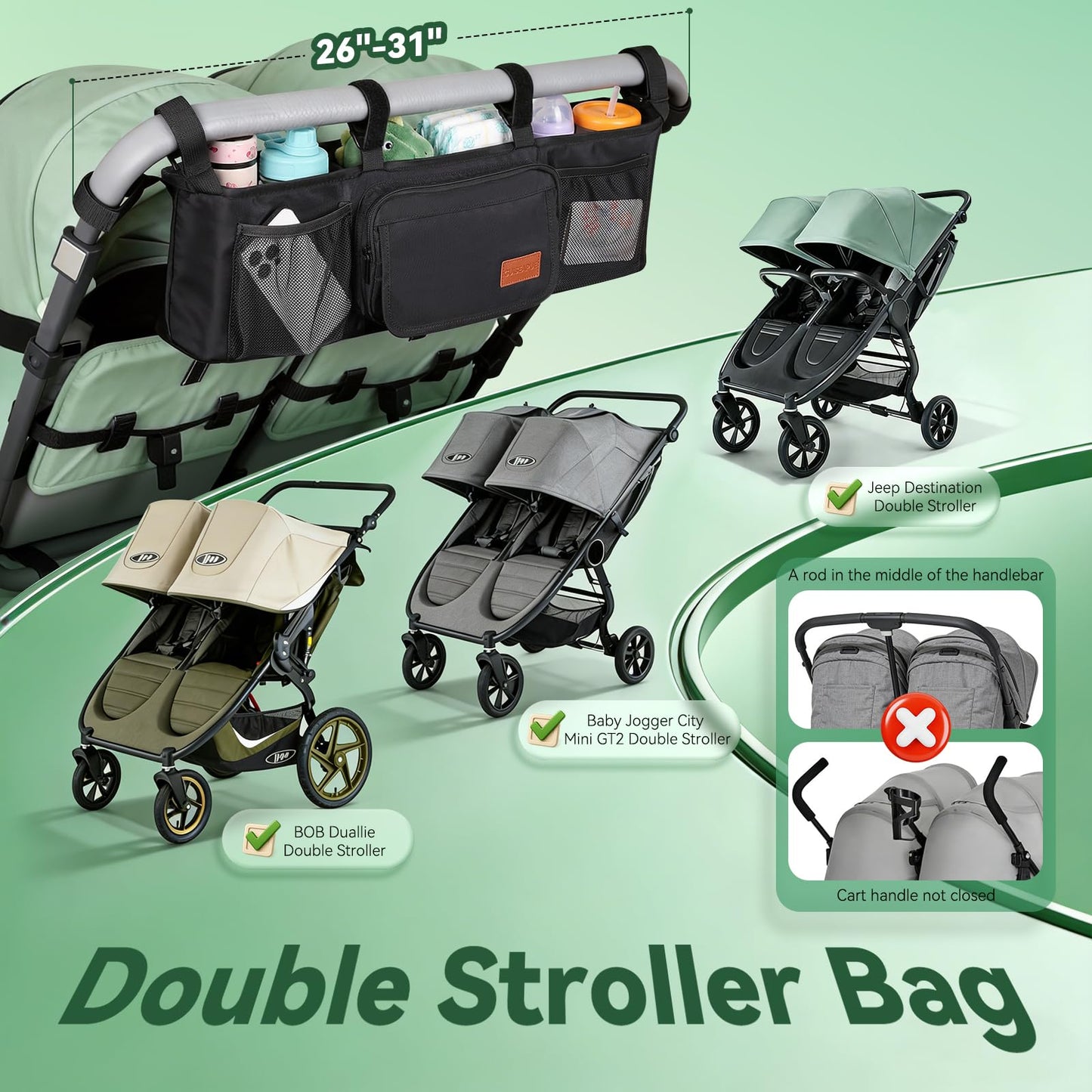 Guiseapue Double Stroller Organizer with 2 Insulated Cup Holders: Parent Console Double Jogging Stroller Accessories Fits for Baby Jogger City Mini GT2 and Jeep Double Stroller