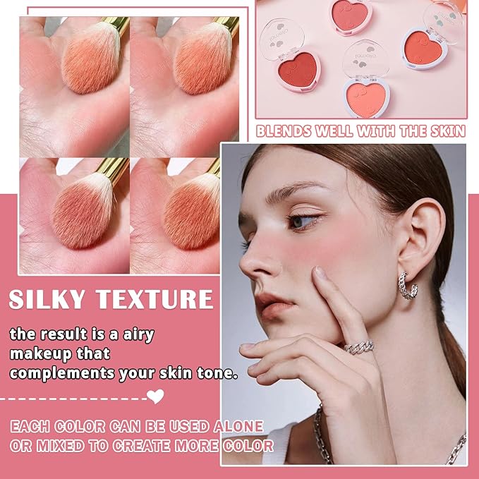4Pcs Blush Palette for Cheeks with Make Up Brush,Face Matte Contour Blush Makeup Palette,Buildable Shimmer Facial Cheek Blusher Shades,Blendable Cosmetic Makeup Blush B