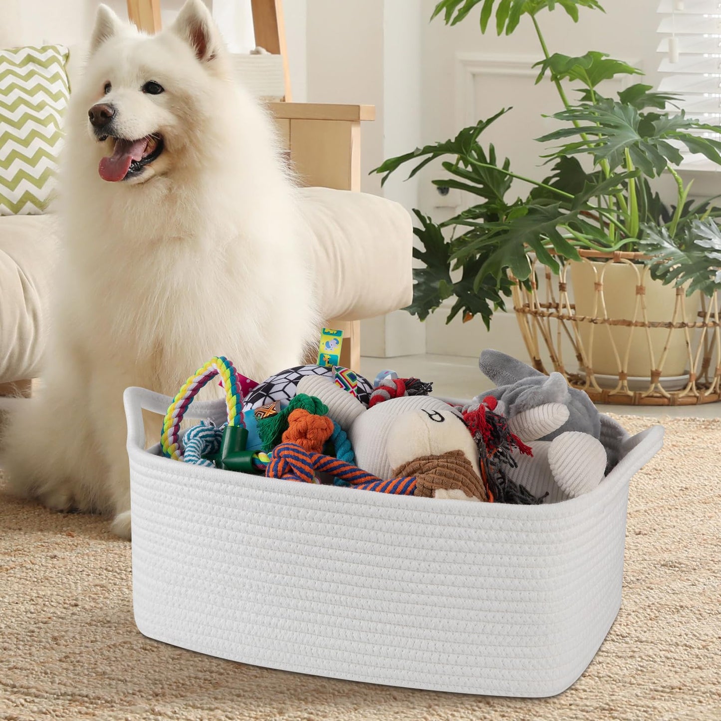 OIAHOMY 19L Woven Basket, Gift Basket Empty with Gift Bags and Ribbons, Rope Baskets for Baby Showers, Storage Baskets with Handles for Nursery, Pet Toy Organizer - White