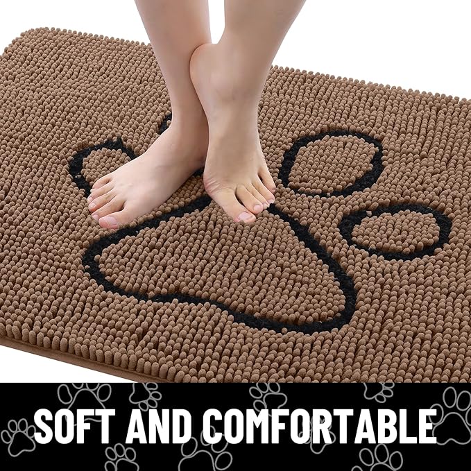 Smiry Dog Door Mat for Muddy Paws, Absorbent Dirt Trapper Non Slip Quick Dry Washable Chenille Mat for Mud Dogs, Entry Rug for Indoor and Outdoor (36x24 Inches, Coffee and Black)