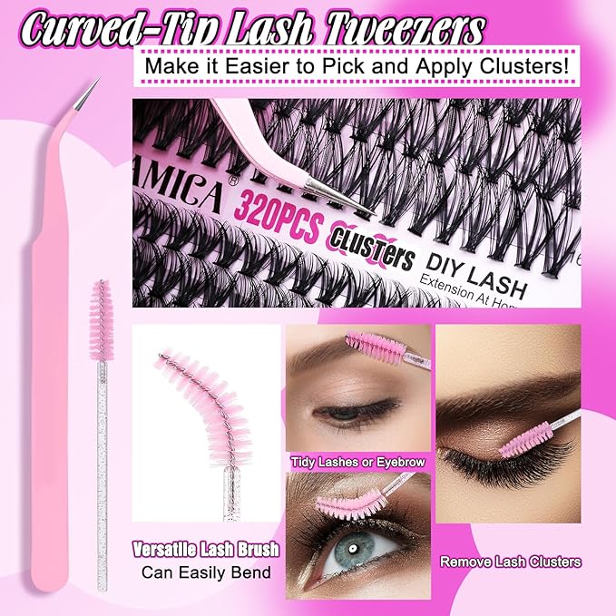 Yawamica DIY Lash Extension Kit 320pcs Individual Lashes Cluster, 9-16mm Mix 30D 40D Eyelash Clusters Wispy Lash Clusters Kit with Bond and Seal and Remover and Lash Applicator for Beginners