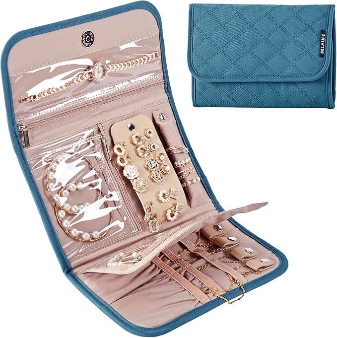 BELALIFE Travel Jewelry Case Organizer, Foldable Storage Roll for Earrings, Necklaces, Rings, Bracelets, Brooches, Lake-Blue