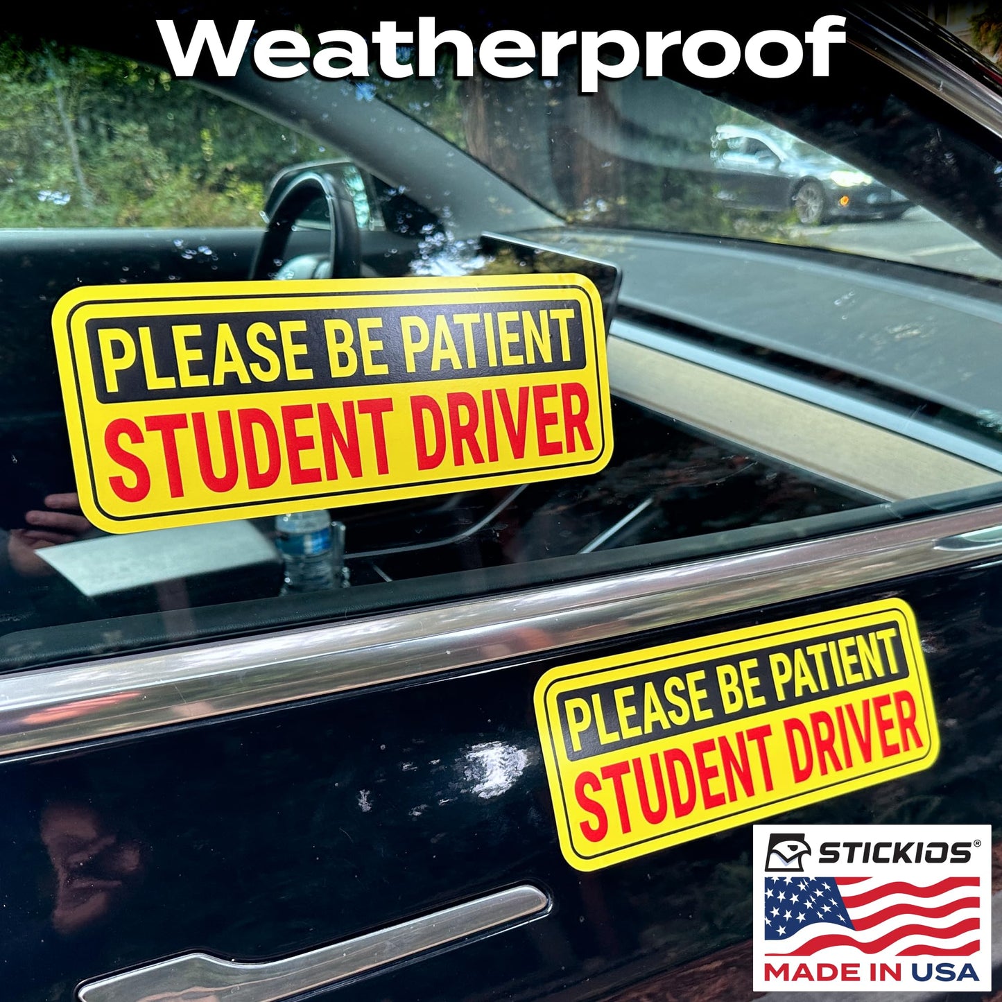 Stickios Student Driver Stickers (Non-Magnetic) for Cars & Windows - Reusable, Removable, Paint-Safe Vinyl Decals - Made in USA (10.5x4 inches, 8-Pack)