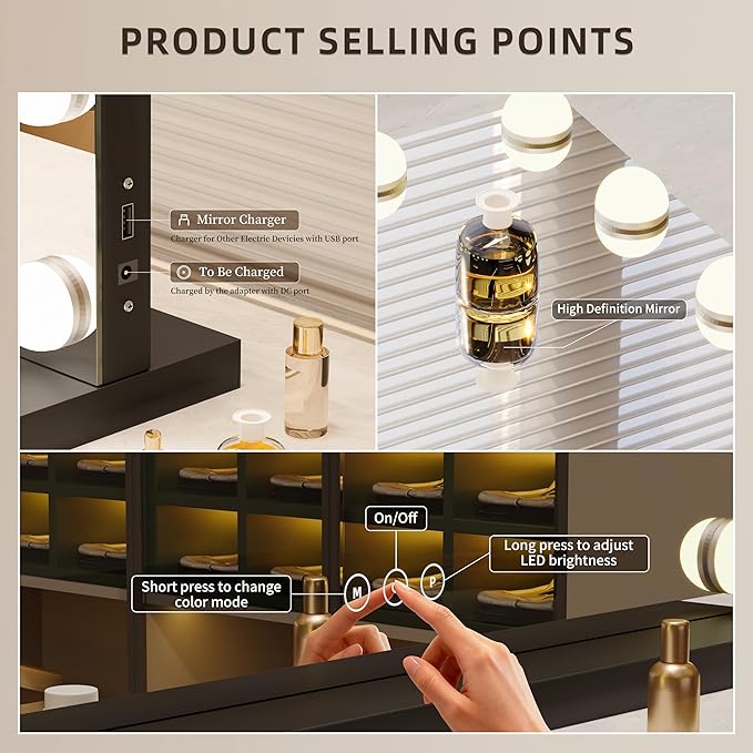 Vanity Mirror with Lights Lighted Makeup Mirror with Dimmable LED Bulbs,3 Color Lighting Modes,USB Charging Port Touch Control,Sturdy Metal Frame Design,Black (50x40cm, 4.70)
